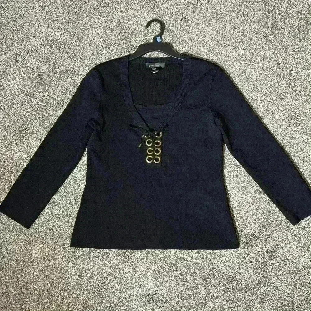 Cable & Gauge Sweater Rivets Knit 3/4 Sleeve Top Black Size M